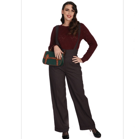 Jenny Check Suspender Trousers in Green - Picture 7 of 10